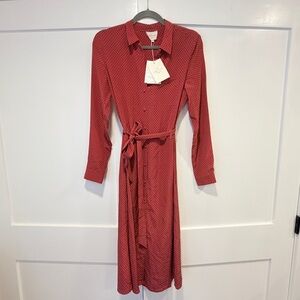 Sezane Raspberry Polka Dot Long-Sleeve Shirt Dress with Tie Waist